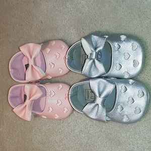 2 pair infant 6-12 months soft sole shoes by Baby in pink and silver